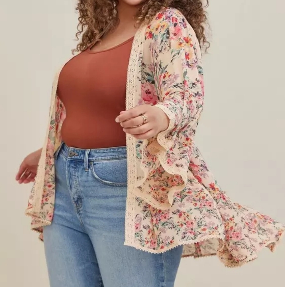Torrid Ruffle Kimono - Chiffon Floral Tan- Size 1